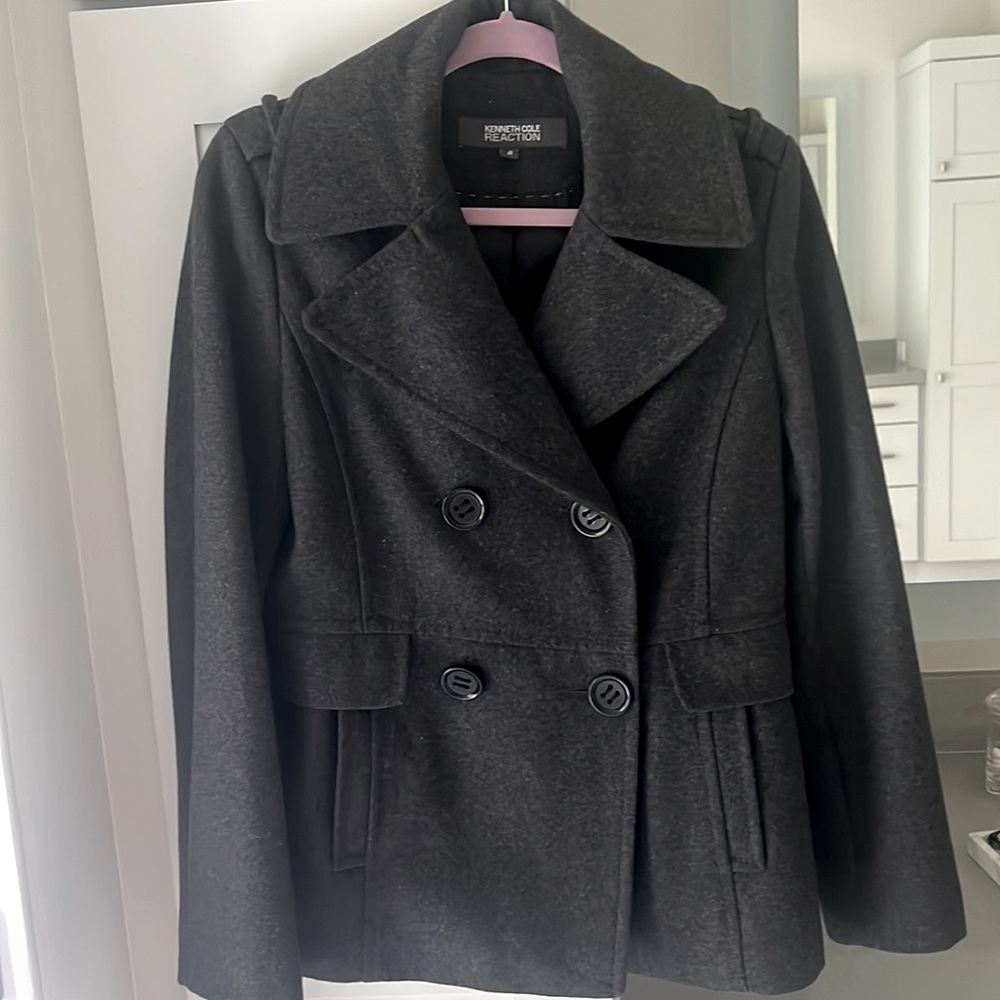 KENNETH COLE Charcoal gray wool blend double breasted coat with pockets LIKE NEW